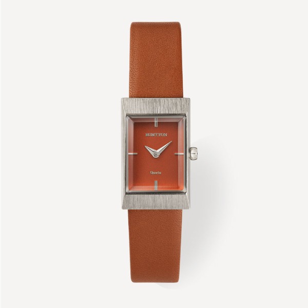 Women&#039;s Square RUMTTON Grid Tan Silver Leather Wristwatch