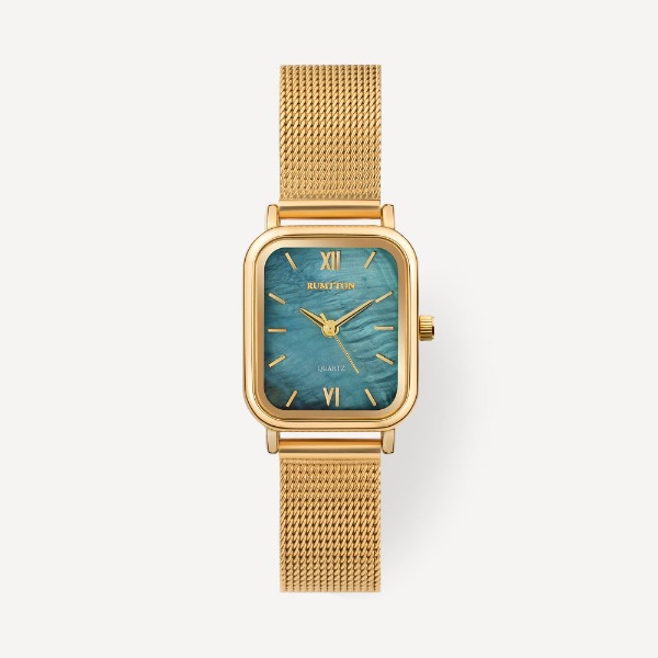 Women&#039;s RUMTTON Mother-of-Pearl Harbor Blue Gold Mesh Wristwatch
