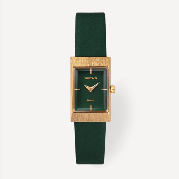 Women&#039;s RUMTTON Grid Green Gold Leather Wristwatch