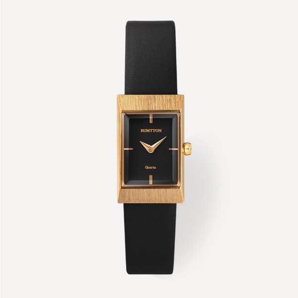 Women&#039;s RUMTTON Grid Black Gold Leather Wristwatch