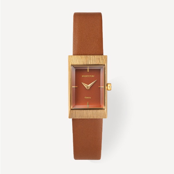 Women&#039;s Square RUMTTON Grid Tan Gold Leather Wristwatch