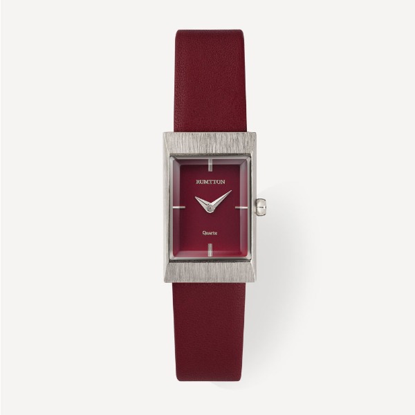 Women&#039;s Square RUMTTON Grid Burgundy Silver Leather Wristwatch