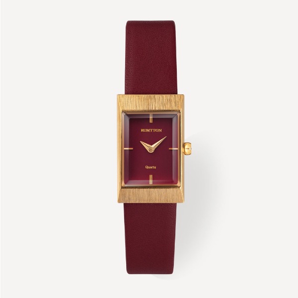 Women&#039;s Square RUMTON Grid Burgundy Gold Leather Wristwatch